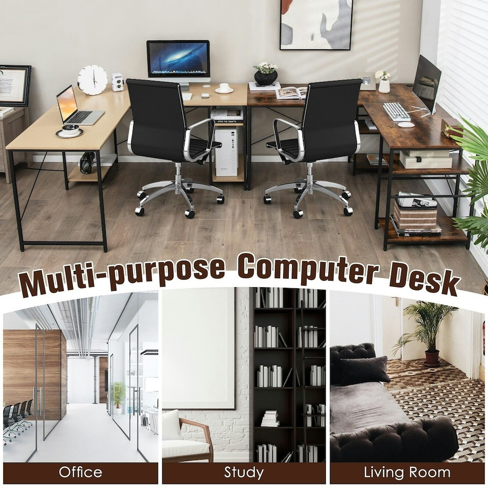 image 1 of COSTWAY L-Shaped Computer Desk Writing Desk Workstation Brown Brown