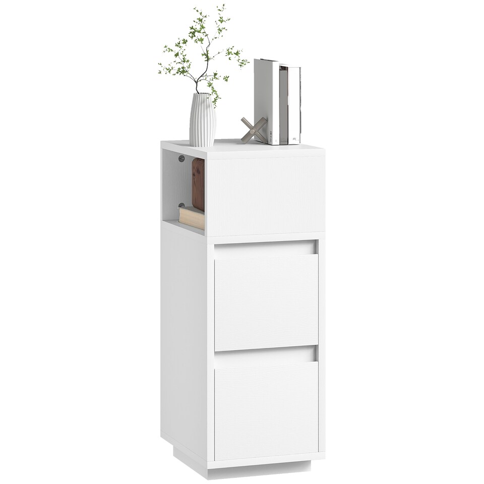 image 1 of HOMCOM Slim Bedside Table, Narrow Bedside Cabinet with Open Shelf and 2 Drawers, Modern Nightstand for Bedroom, Living Room, White | White | White