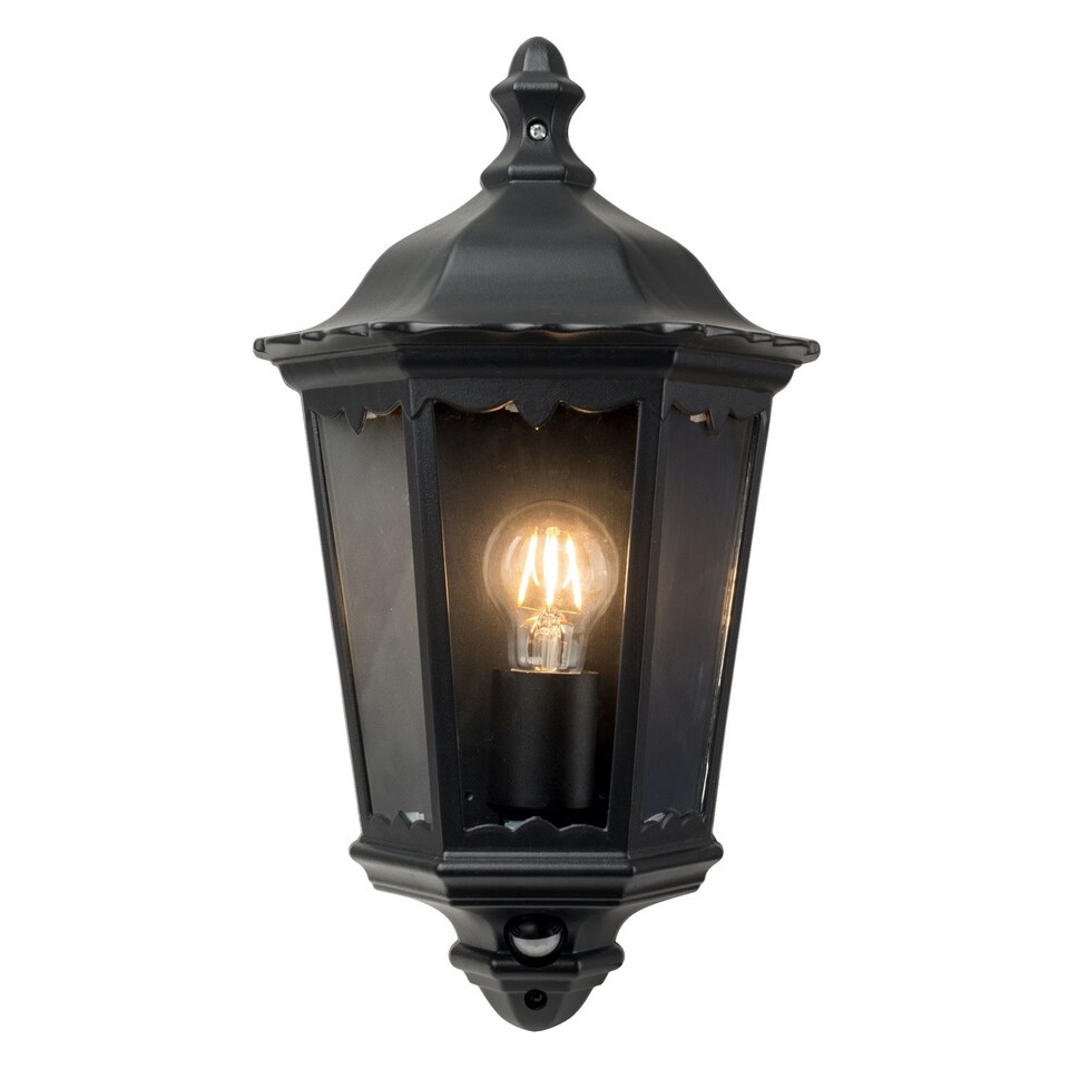 image 1 of Set of 2 Sienna - Black with Clear Glass IP44 Outdoor Half Lantern Wall Lights with PIR Motion Sensor | Black | Clear | 2