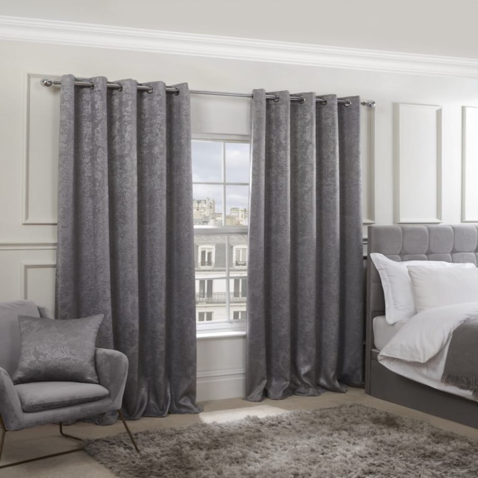 image 1 of Royal Damask Elegant Woven Blackout Eyelet Curtains 116cm x 137cm Silver Grey | Grey