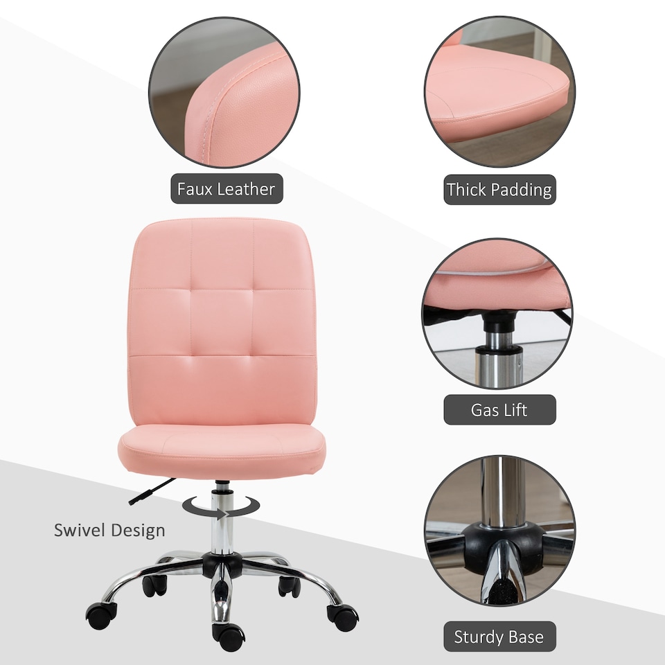 image 1 of Vinsetto Armless Office Chair, Faux Leather Desk Chair with Adjustable Height, Button Tufted, Pink