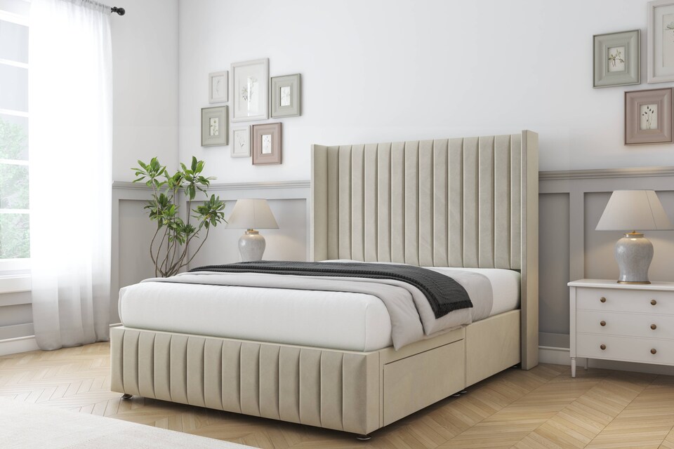 image 1 of Sloomy Marlborough Cream Plush Divan Bed Base 2 Drawers Foot-End With 54 Inch Wingback Headboard & 12 Inch Matching Footboard | Cream | Cream | King | 1