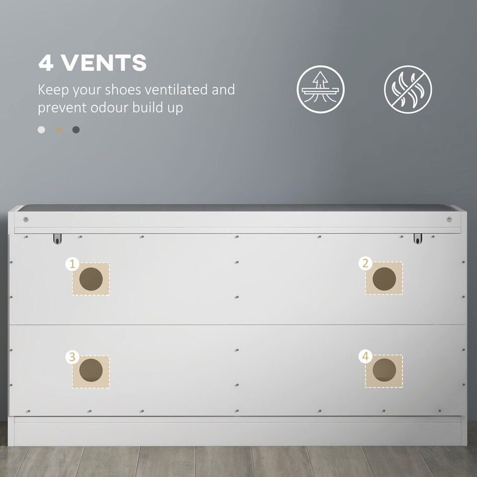 image 1 of HOMCOM Shoe Storage Bench, Narrow Shoe Bench with 2 Flip Drawers, Seating Cushion and 4 Vents for 8 Pairs of Shoes for Entryway, Hallway, White | White | White