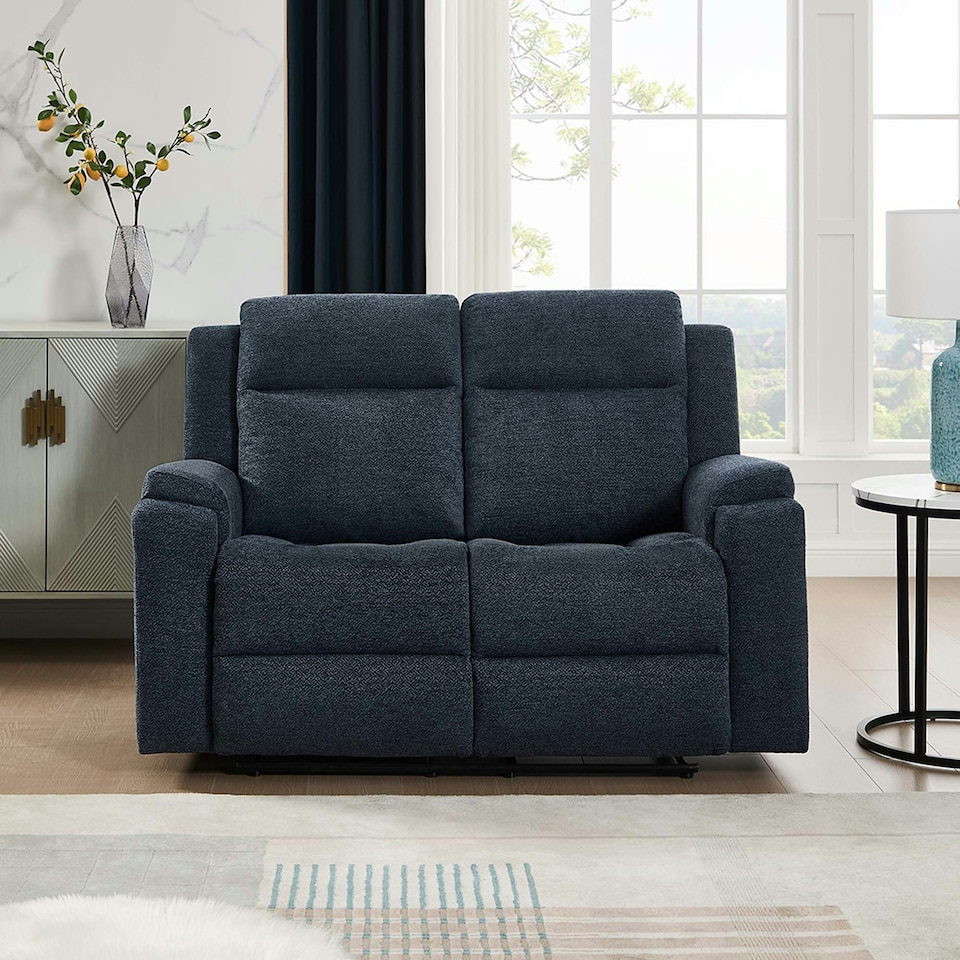 image 1 of Orka 2 Seater Manual Recliner Chenille Fabric Sofa Blue