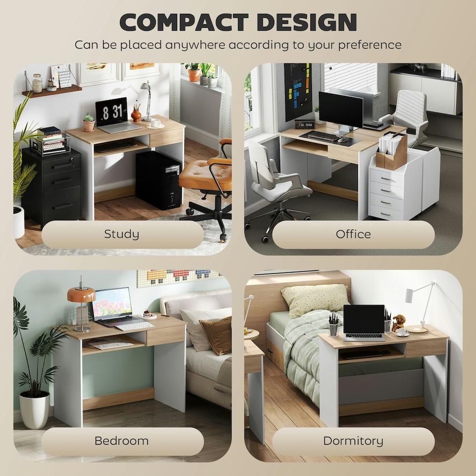 image 1 of HOMCOM Compact Computer Table with Keyboard Tray and Drawer, Oak | Brown | White | 100W x 45D x 75H cm