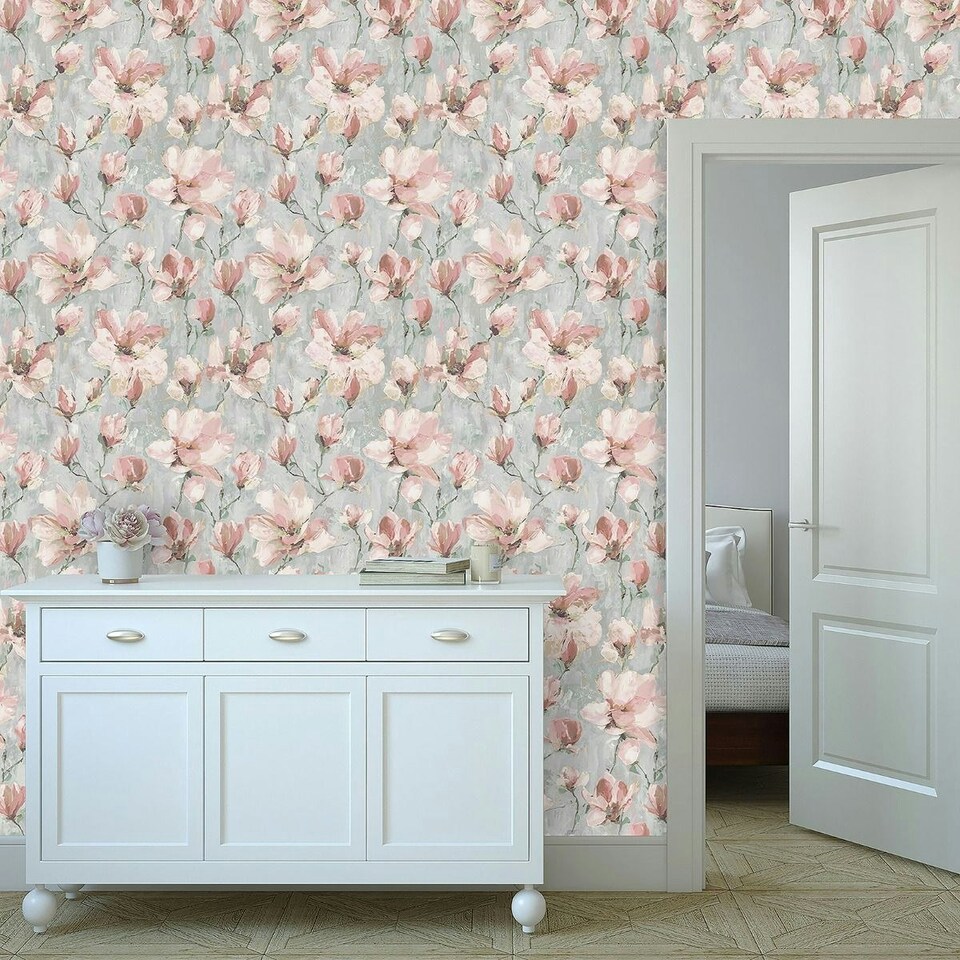 image 1 of Grandeco Camilla Floral Vinyl Wallpaper - Grey/Blush Pink - 10m x 53cm Grey