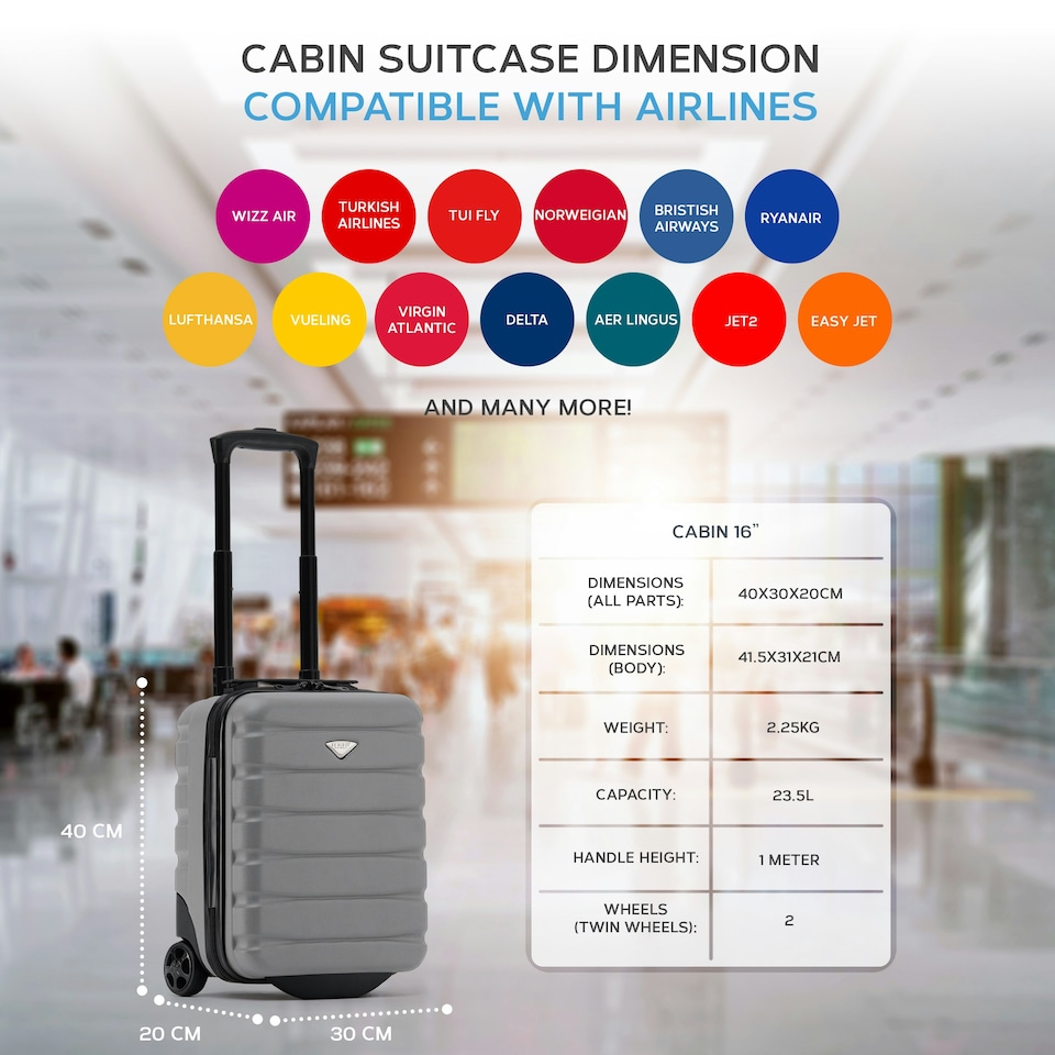 image 1 of Flight Knight Lightweight 2 Wheel ABS Hard Case Suitcases Cabin Carry On Hand Luggage 100+ Airlines Approved - Wizz, Ryanair & easyJet Free Carry On 40x30x20cm | Grey | Charcoal | Cabin Bag