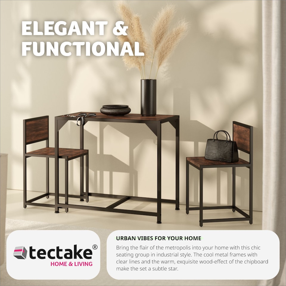 image 1 of Dining Table and Chairs Milton - 3-piece set | Brown | Industrial wood dark, rustic | 1