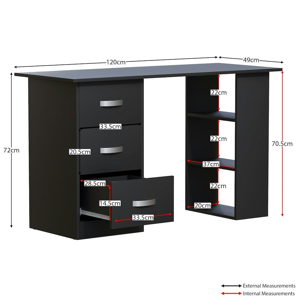 image 1 of Vida Designs Mason 3 Drawer 3 Shelf Computer Desk Home Office Workstation, Black