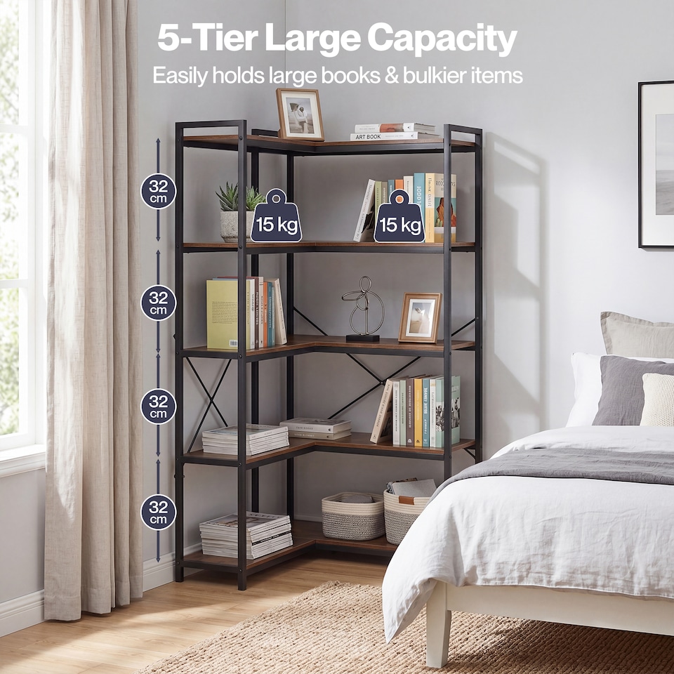 image 1 of Levede Corner Bookcase 5-Tier L-Shaped Bookshelf Space-Saving Spice Walnut Black Metal