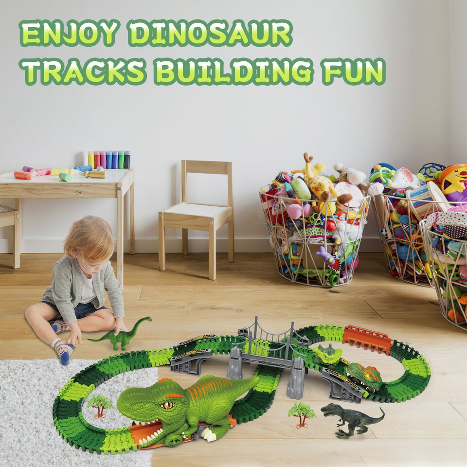 image 1 of Dinosaur Track Playset - Flexible Racing Track with Dinosaur Tunnel & Figures for Kids