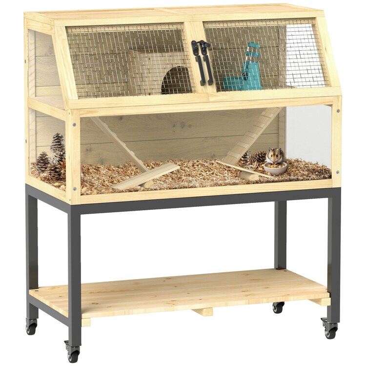 Pawhut Wooden Hamster Cage With Storage Shelf, Wheels, 87 X 43 X 101Cm