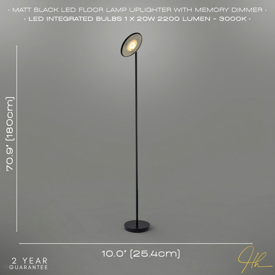 image 1 of Designer LED Uplighter Metal Floor Lamp in Matte Black with Memory Dimmer Button