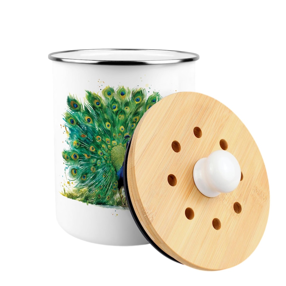 image 1 of Majestic Peacock Food Waste Caddy - Metal 2L Decorative Kitchen Compost Bin