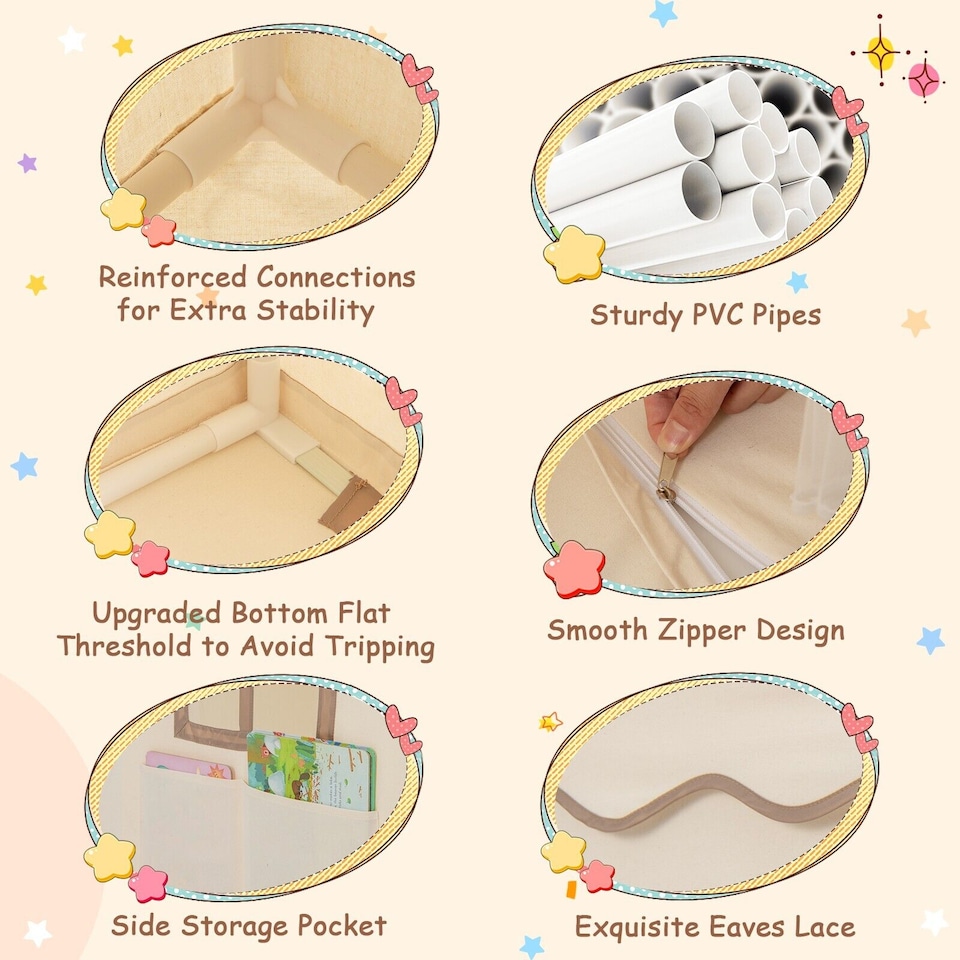 image 1 of COSTWAY Kids Play Tent Indoor Kids Playhouse with Star Lights Brown