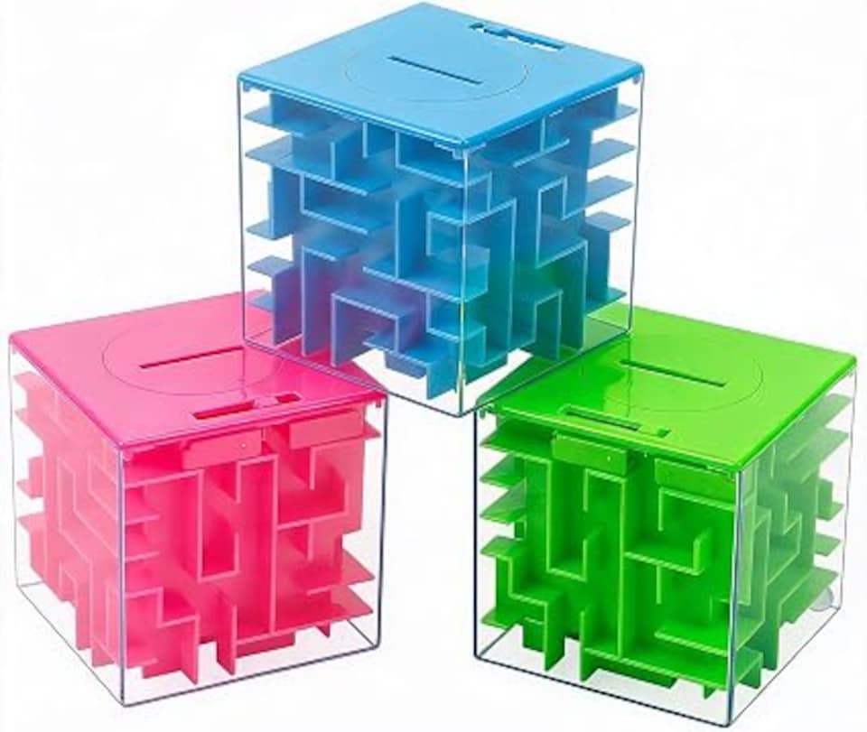 image 1 of London Boutique Money Maze Puzzle Box, 3D Maze Cash Gift Holder, 3 Pack, 7.6x7.6cm