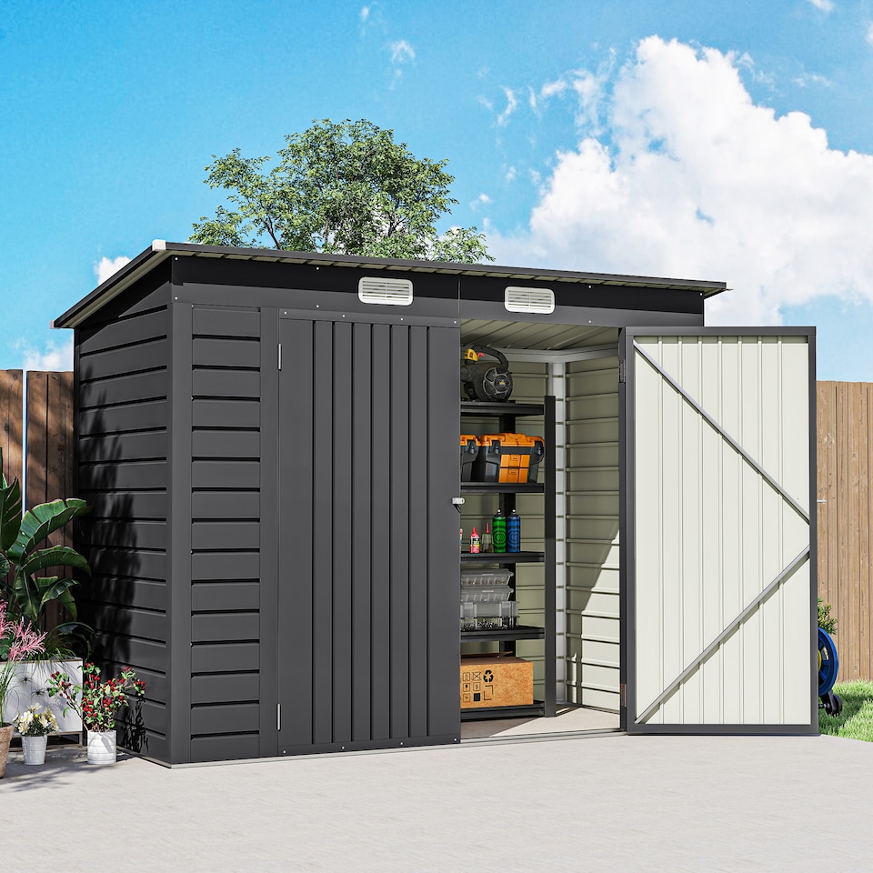 image 1 of Outsunny 8 x 4FT Garden Shed, Galvanised Metal Shed, Easy to Assemble, Outdoor Tool Storage Shed with Pent Roof, Lockable Door and 2 Vents, Grey