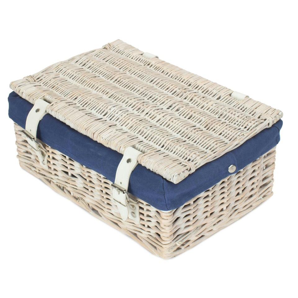 image 1 of 35cm White Wash Wicker Picnic Basket with Lining Blue | Blue | One Size