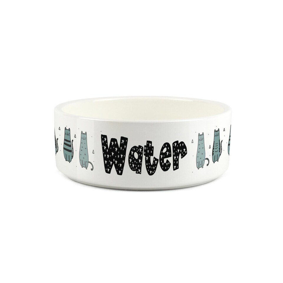 image 1 of Blue Cats Small Ceramic Water Bowl - White Drinking Dish For Cats