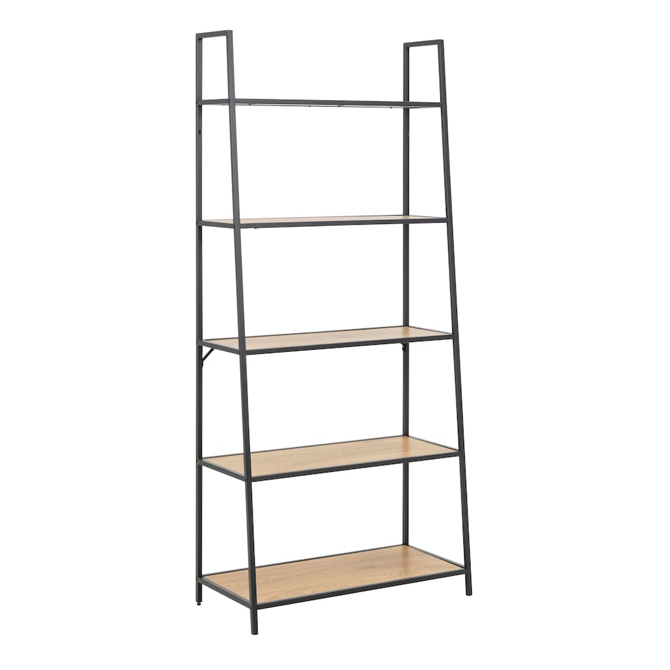image 1 of Seaford Black Metal Ladder Bookcase with 5 Oak Shelves