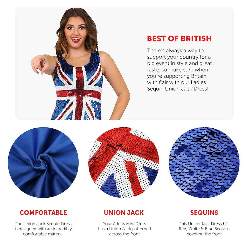 image 1 of Ladies Sequin Union Jack Dress – British Flag Fancy Dress Outfit Blue | XL