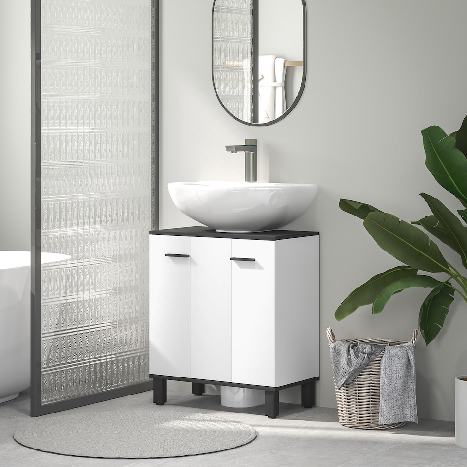 image 1 of HOMCOM Under Sink Bathroom Cabinet, Modern Under Sink Cabinet with Adjustable Shelf for Basin with or without Pedestal, 60 x 34 x 70cm, High Gloss White | White | High gloss