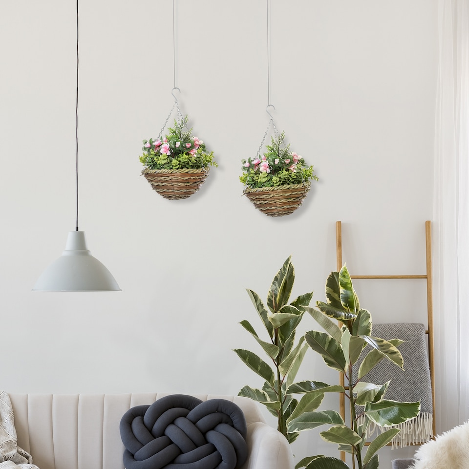 image 1 of Outsunny Pack of 2 FauPlant Artificial Lisianthus Flowers Hanging Planter with Basket for Indoor Decoration, Pink