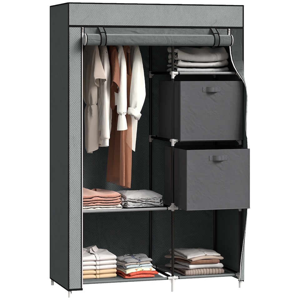 image 1 of HOMCOM Fabric Wardrobe, Portable Wardrobe, Clothes Storage Unit with 5 Compartments, Hanging Rail and 2 Fabric Drawers, 102 x 42.5 x 162.5cm, Dark Grey | Grey | Dark Grey