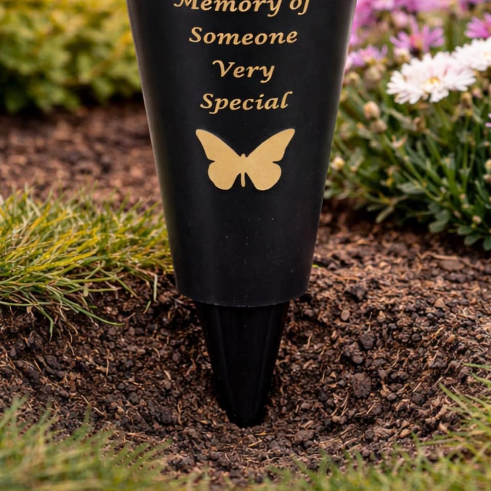 image 1 of Dad Plastic Spike Memorial Graveside Flower Vase With Butterfly Decoration