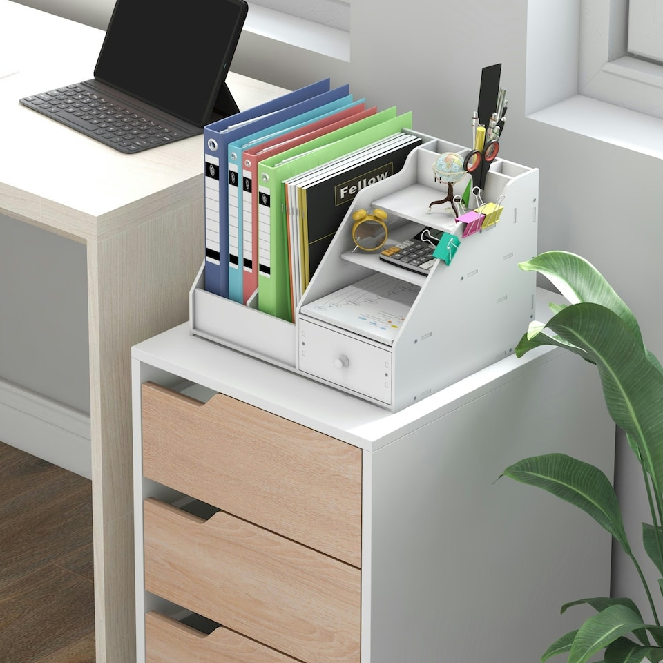 image 1 of MDF Mobile File Cabinet w/ 3 Drawers Locking Wheels Metal Rails Oak Tone White
