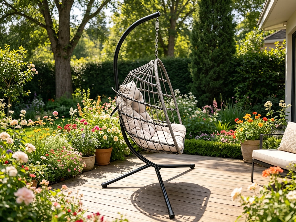 image 1 of Fimous Rattan Garden Hammock Foldable Single Hanging Egg Chair Indoor Outdoor Patio Furniture with Grey Cushion
