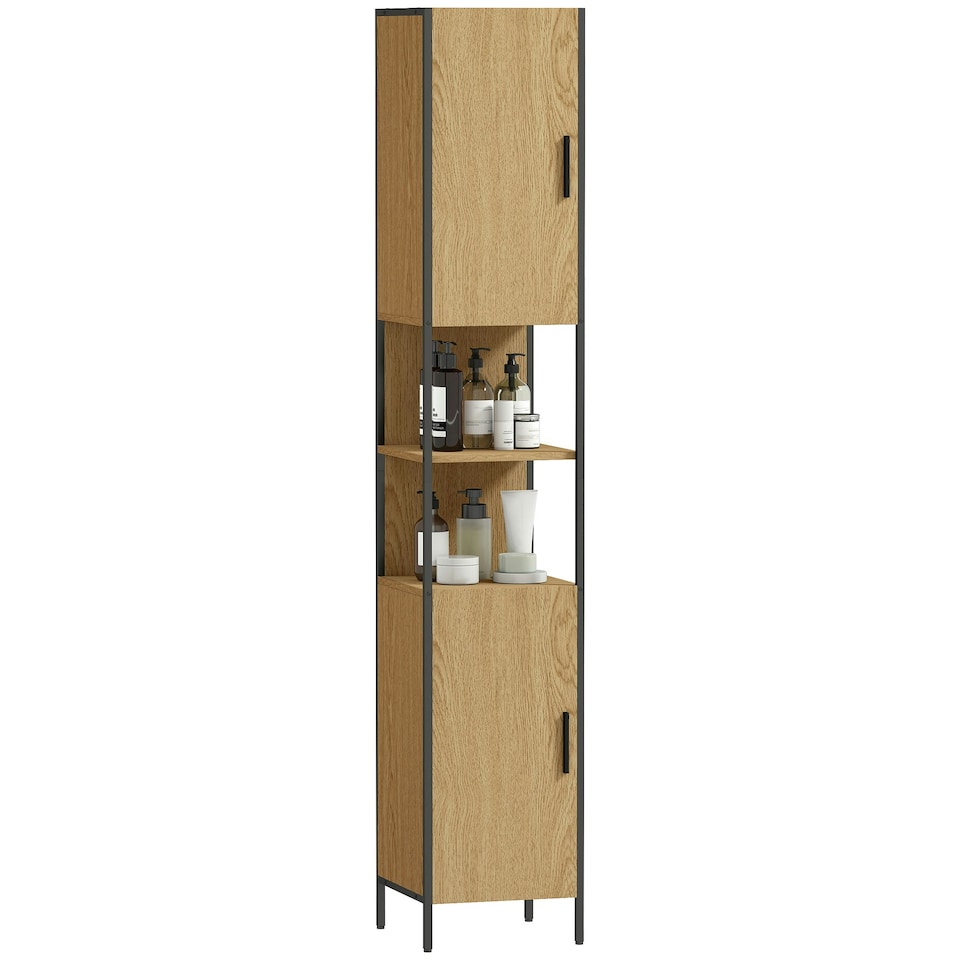 image 1 of HOMCOM Slim Bathroom Storage Cabinet with 2 Doors Open Compartments Natural Brown | Black