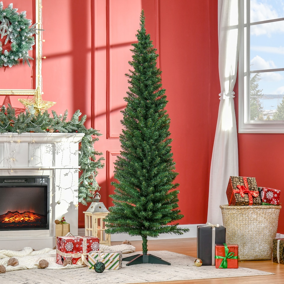 image 1 of HOMCOM 6ft Unlit Artificial Christmas Tree, Pencil Slim mas Tree with Solid Stand and Realistic Branches, Green