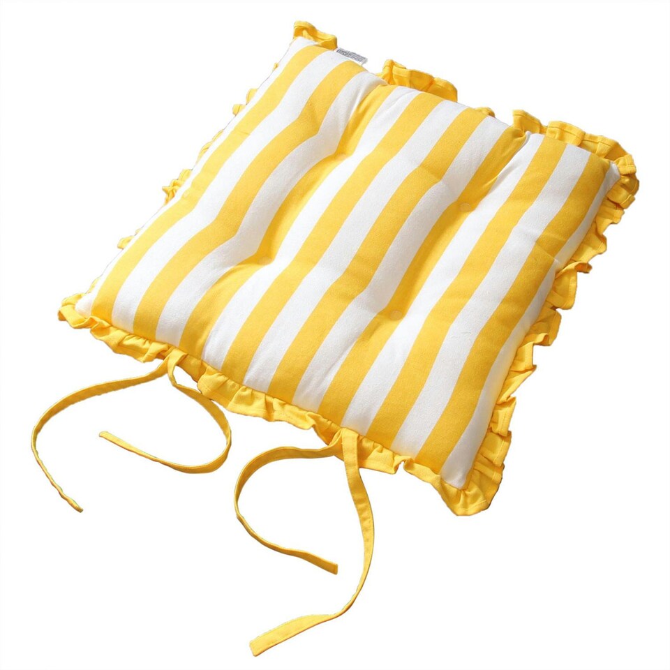 image 1 of Homescapes Reversible Yellow Frilled Cushion Seat Pad with Ties Polka Dots Multi - 40 x 40 cm