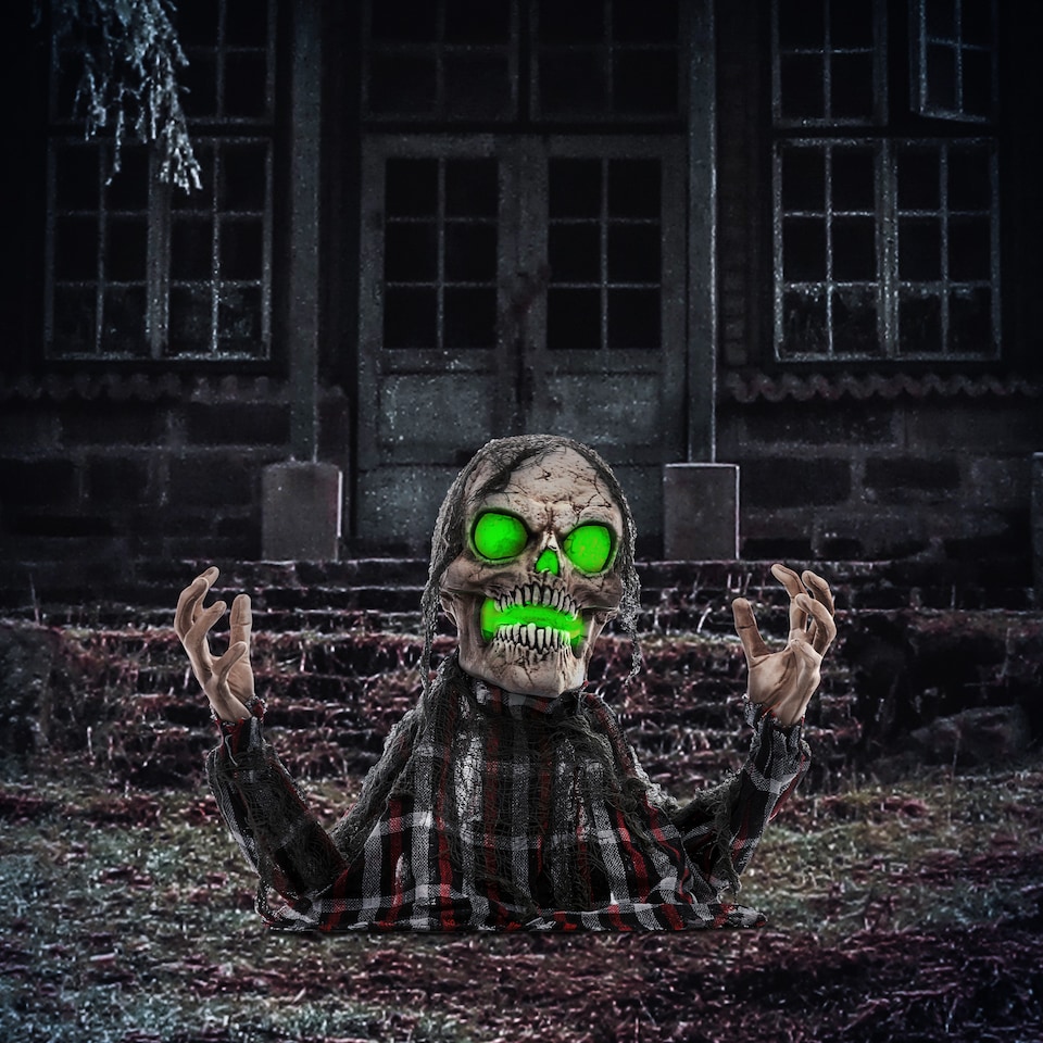 image 1 of HOMCOM 70c8 Groundbreaker Skeleton Outdoor Halloween Decoration, Halloween Animatronic with Sound Activated, Light Up Eyes, Sound Effects, Animated Prop for Haunted House