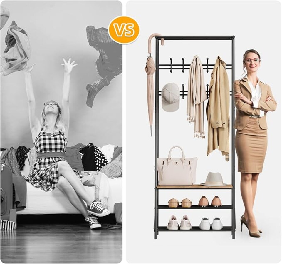 image 1 of London Boutique 4-in-1 Hall Tree with Bench and Shoe Rack, Double Coat Hooks, 60cm