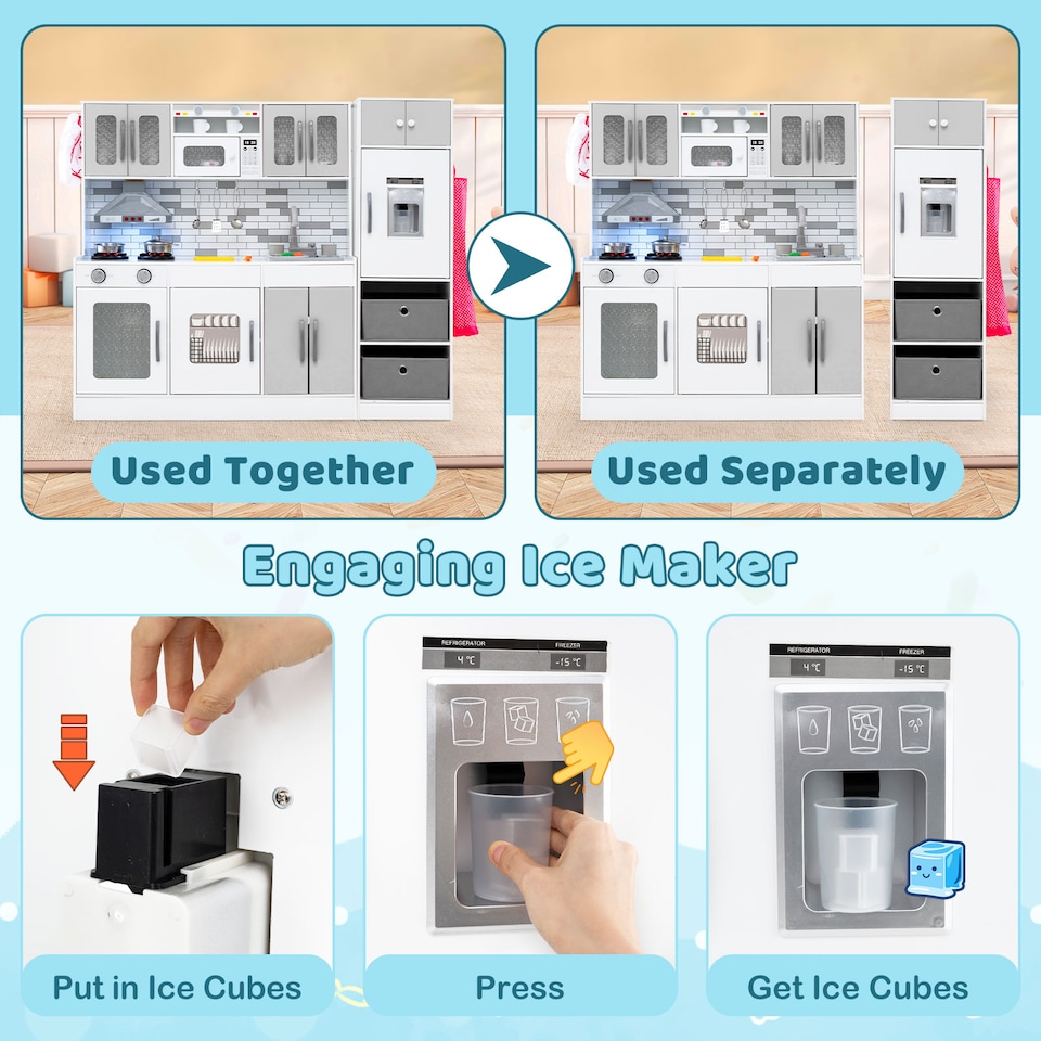 image 1 of COSTWAY Kids Kitchen Playset 2-Piece Modular Wooden Play Kitchen-Gray