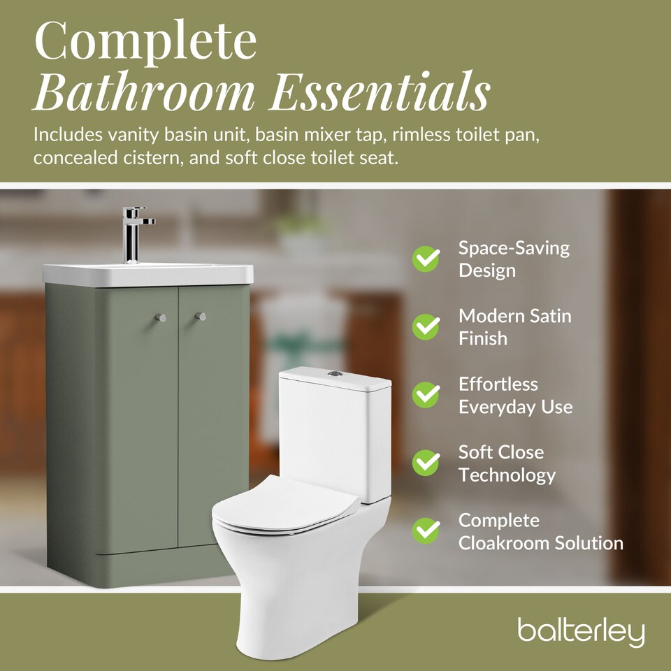 image 1 of Floor 2 Door Bathroom Vanity Unit, Tap & Toilet Pack, Green, 479mm | Green | Satin Green