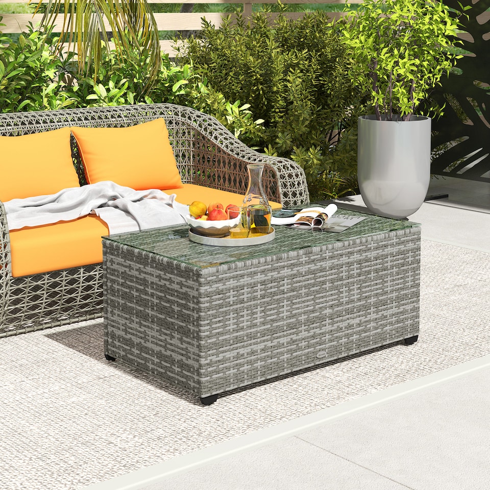 image 1 of Outsunny Outdoor Coffee Table, Glass Top Rattan Side Table, Light Grey