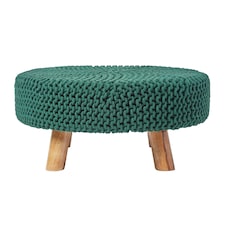 Homescapes Forest Green Large Round Cotton Knitted Footstool on Legs