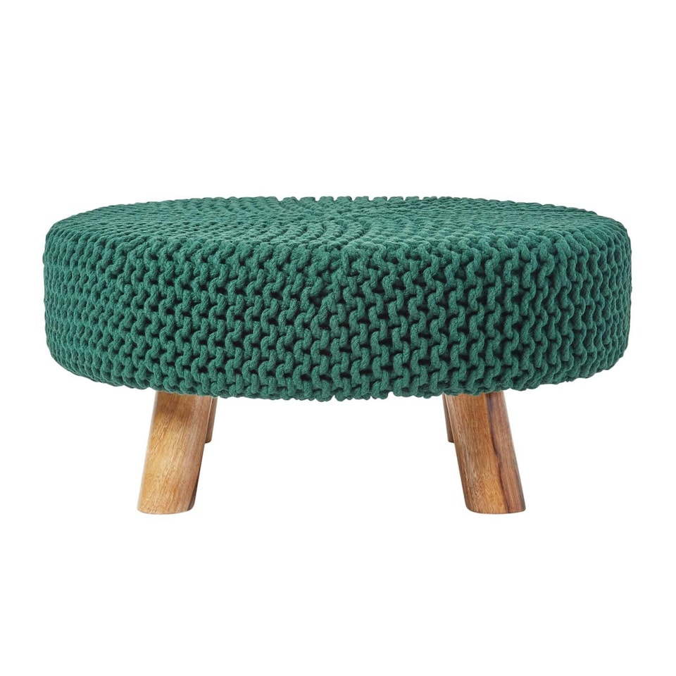image 1 of Homescapes Forest Green Large Round Cotton Knitted Footstool on Legs