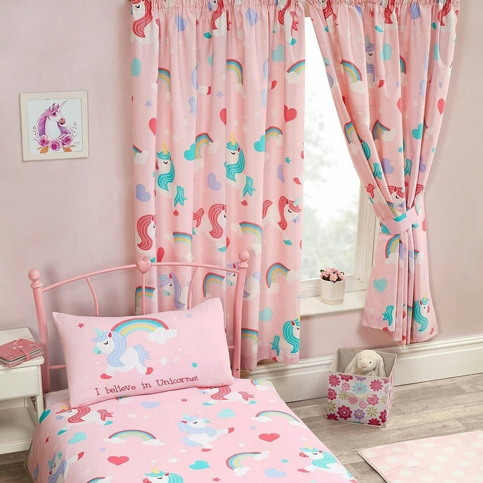 image 1 of I Believe In Unicorns Lined Curtains (Pack Of 2) - Pink - 54in x 66in Pink