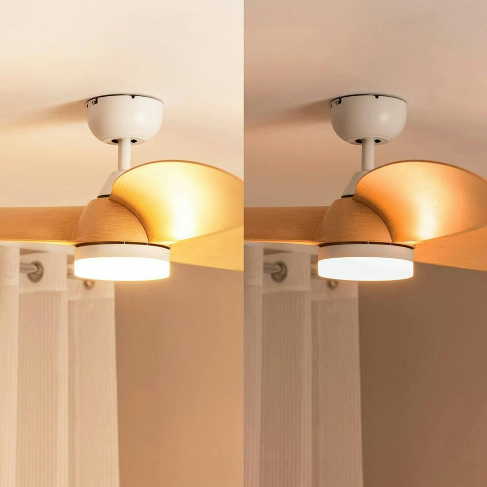 image 1 of ValueLights Ceiling Fans Dimmable Oak Effect Natural Ceiling Fan Light with White Shade and Integrated LED 24W Neutral White 6500K Bulb