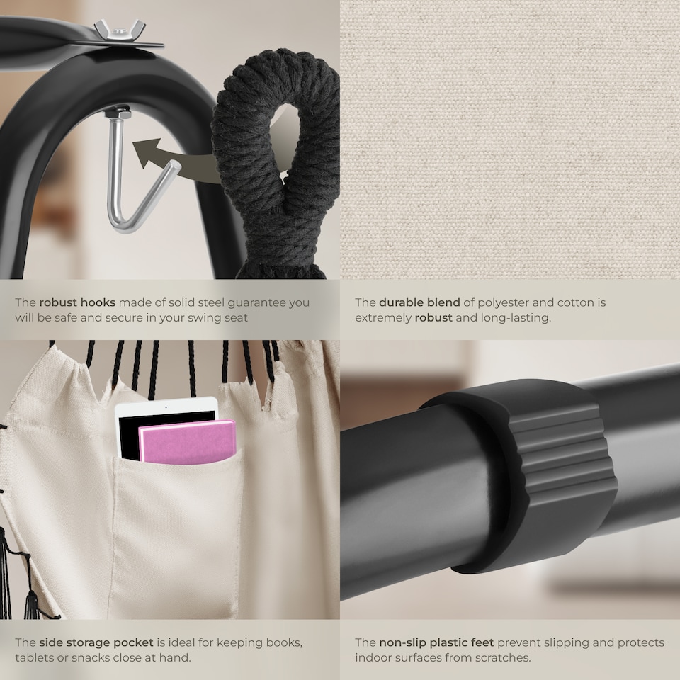 image 1 of Swing Chair Alison - 3 thick pillows, boho style, book pocket and 160kg load capacity | Cream | beige | 1