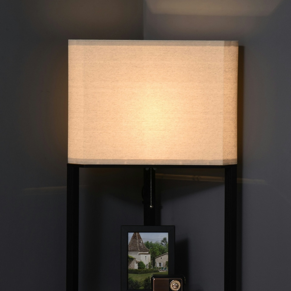 image 1 of HOMCOM Corner Modern Floor Lamp with Shelves for Living Room, Bedroom, Black