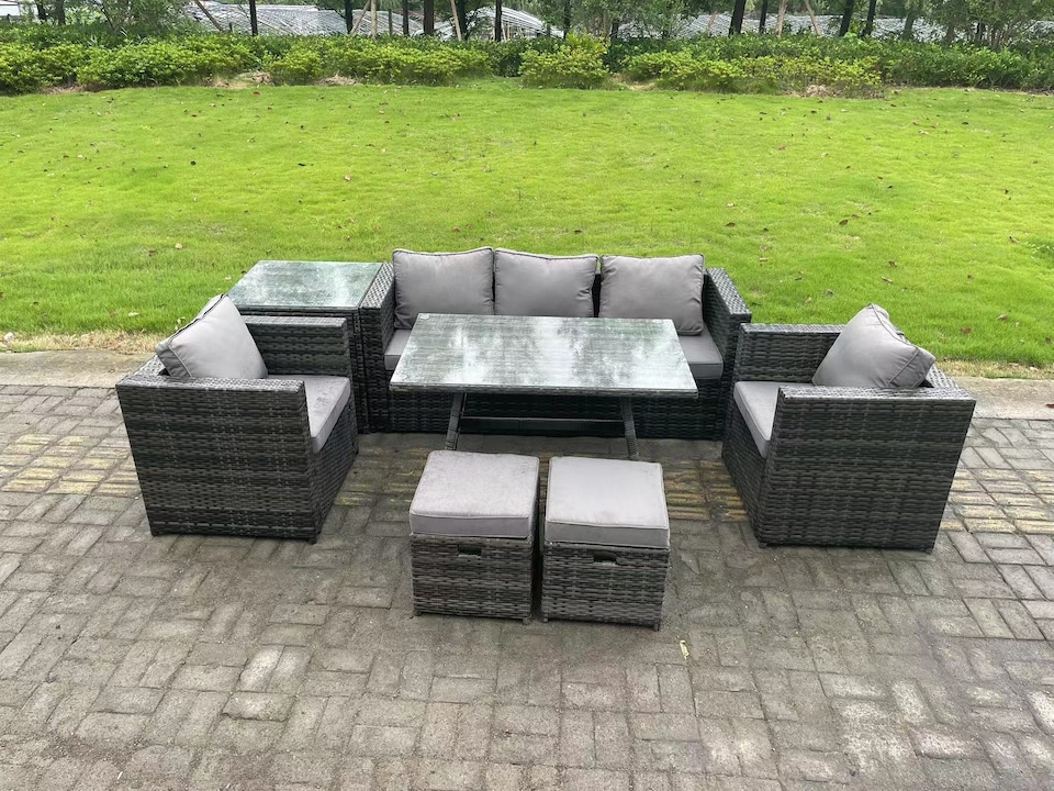 image 1 of Fimous 7 Seater Rattan Outdoor Furniture Garden Dining Set with Lounge Sofa Dining Table 2 Armchairs Small Stools Dark Grey Mixed