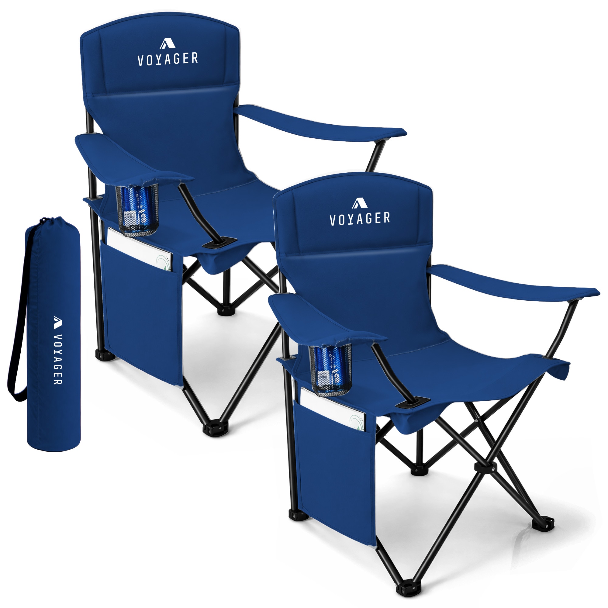 Voyager Folding Camping Chair 2-Pack, Lightweight with Pocket & Drinks Holder in Navy