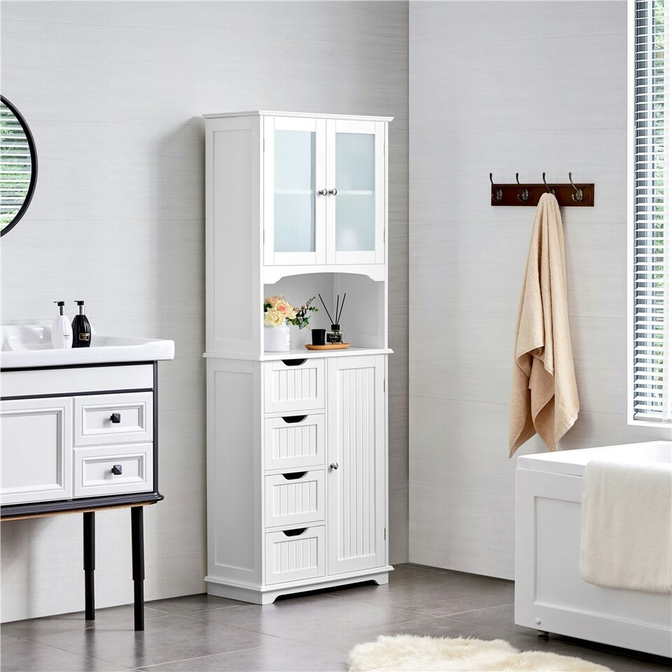 image 1 of Yaheetech Freestanding Bathroom Cabinet with Adjustable Shelf White White