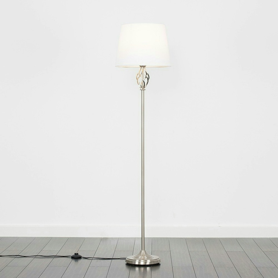 image 1 of ValueLights Memphis Twist Silver Floor Lamp White Tapered Shade