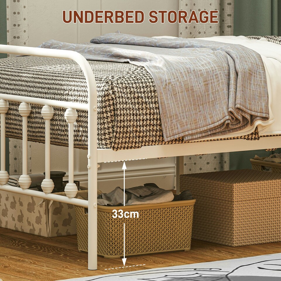 image 1 of HOMCOM 3ft Metal Single Platform Bed Frame w/ Underbed Storage Headboard White